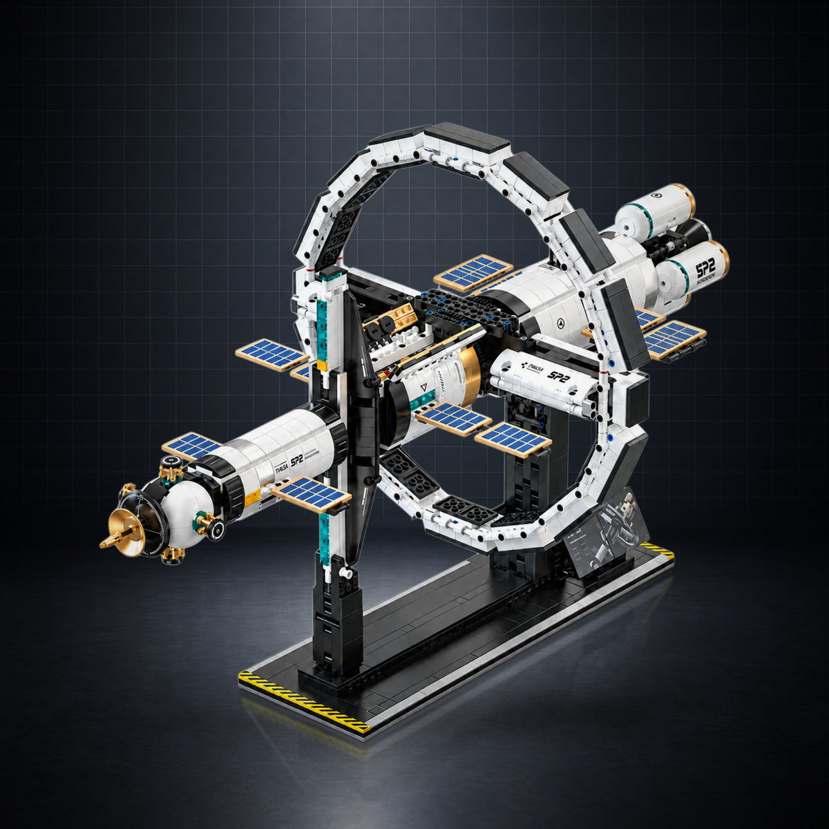 International Space Station brick model on its display stand in a dark studio