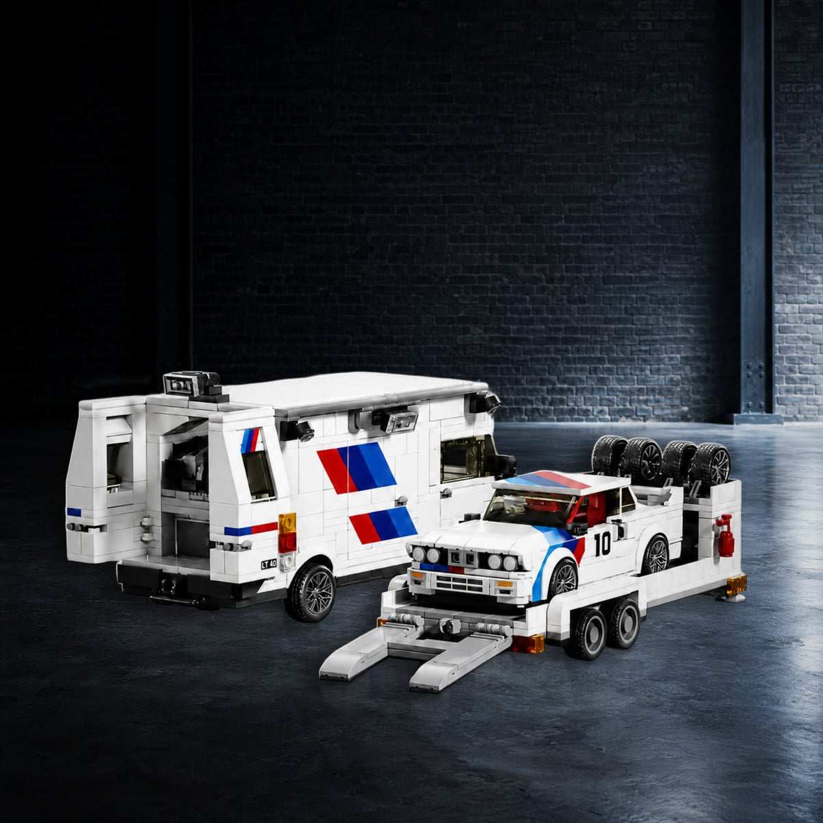 Rally Team Transport brick set with van, trailer and number 10 rally car in a dark garage