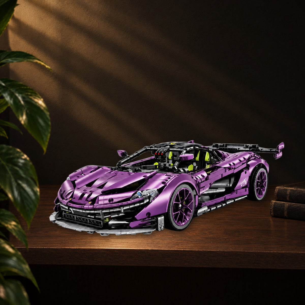 Satin Purple Edition British Aero Hypercar brick model on a dark walnut shelf