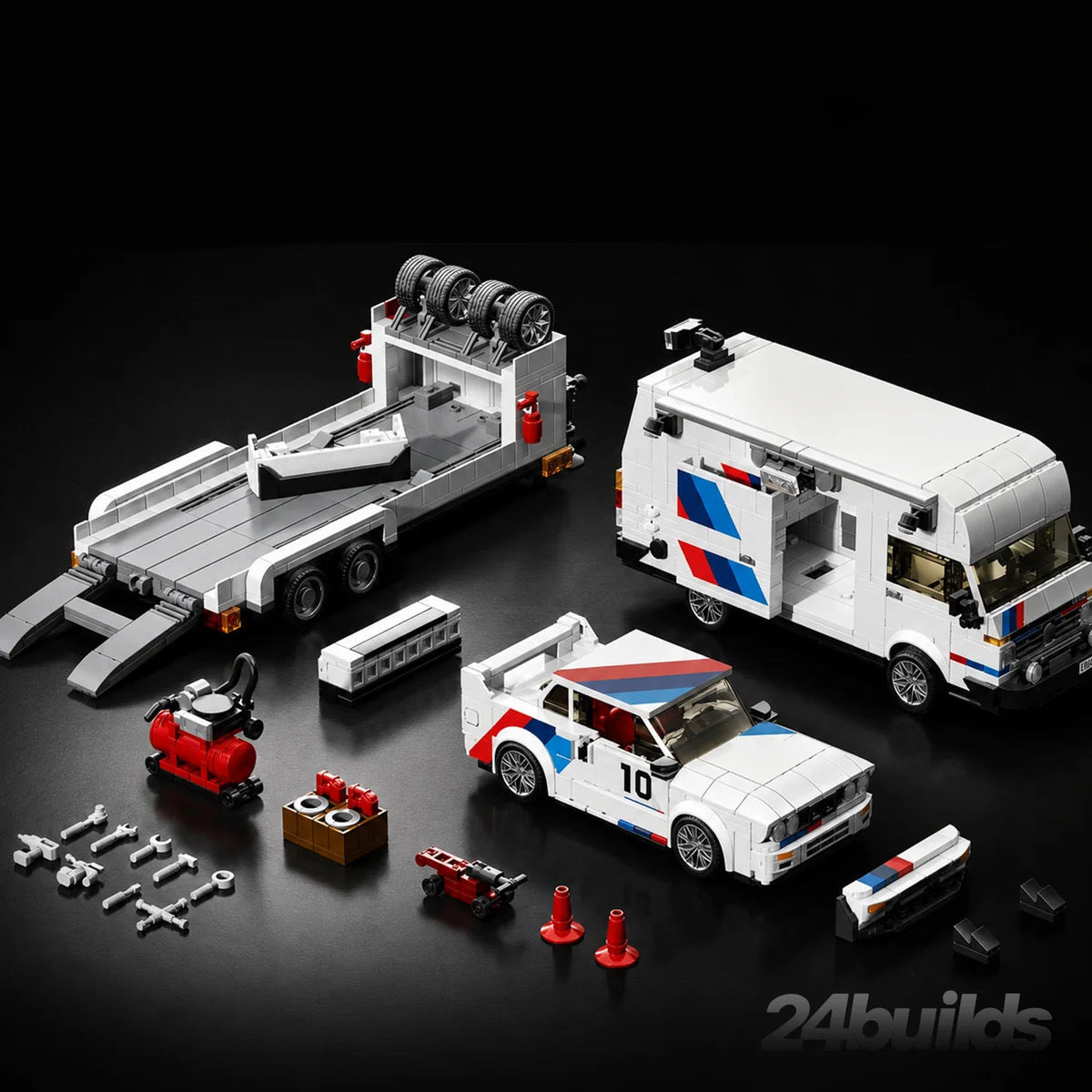 Rally Team Transport brick model set with van, trailer and rally car