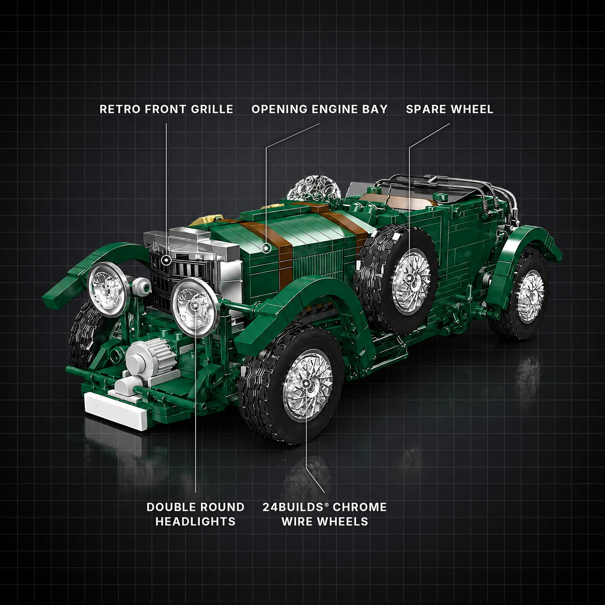 1920s British Racing Car brick model with its key features labelled