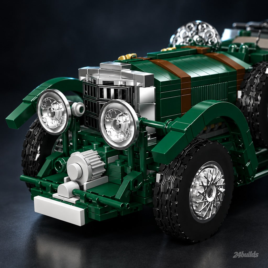 1920s British Racing Car brick model, grille, headlights and bonnet straps