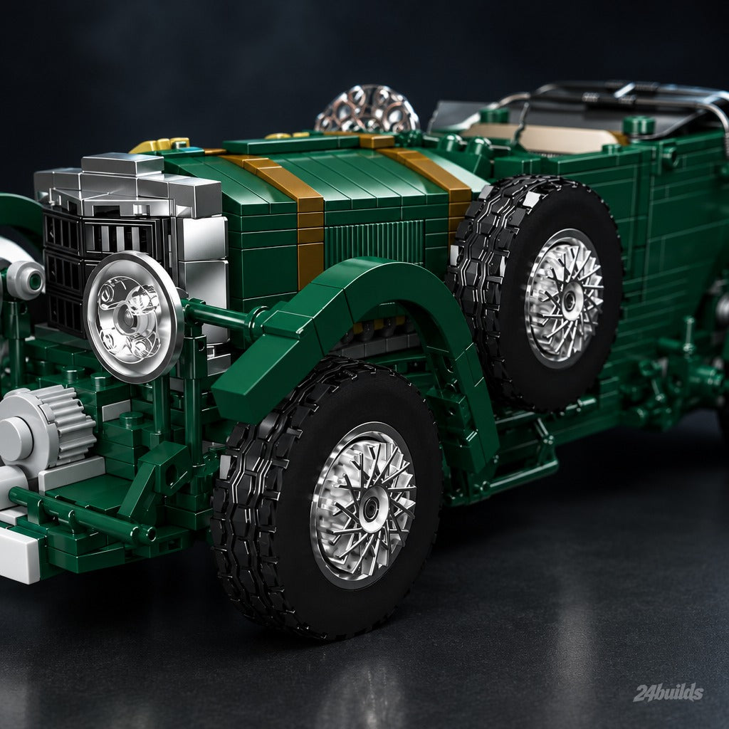 1920s British Racing Car brick model, wire wheels and spare wheel
