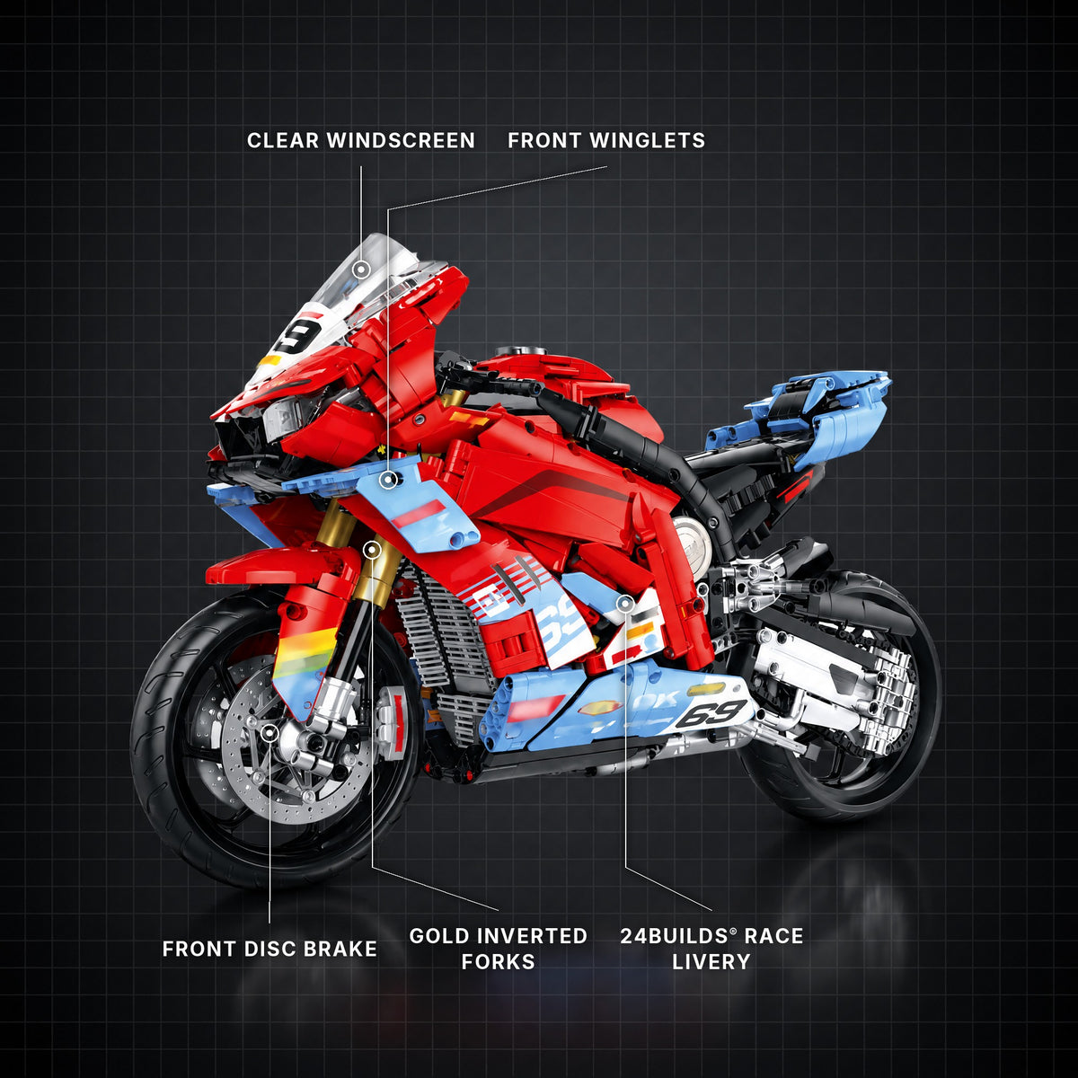820RR Racing Superbike brick model with its key features labelled