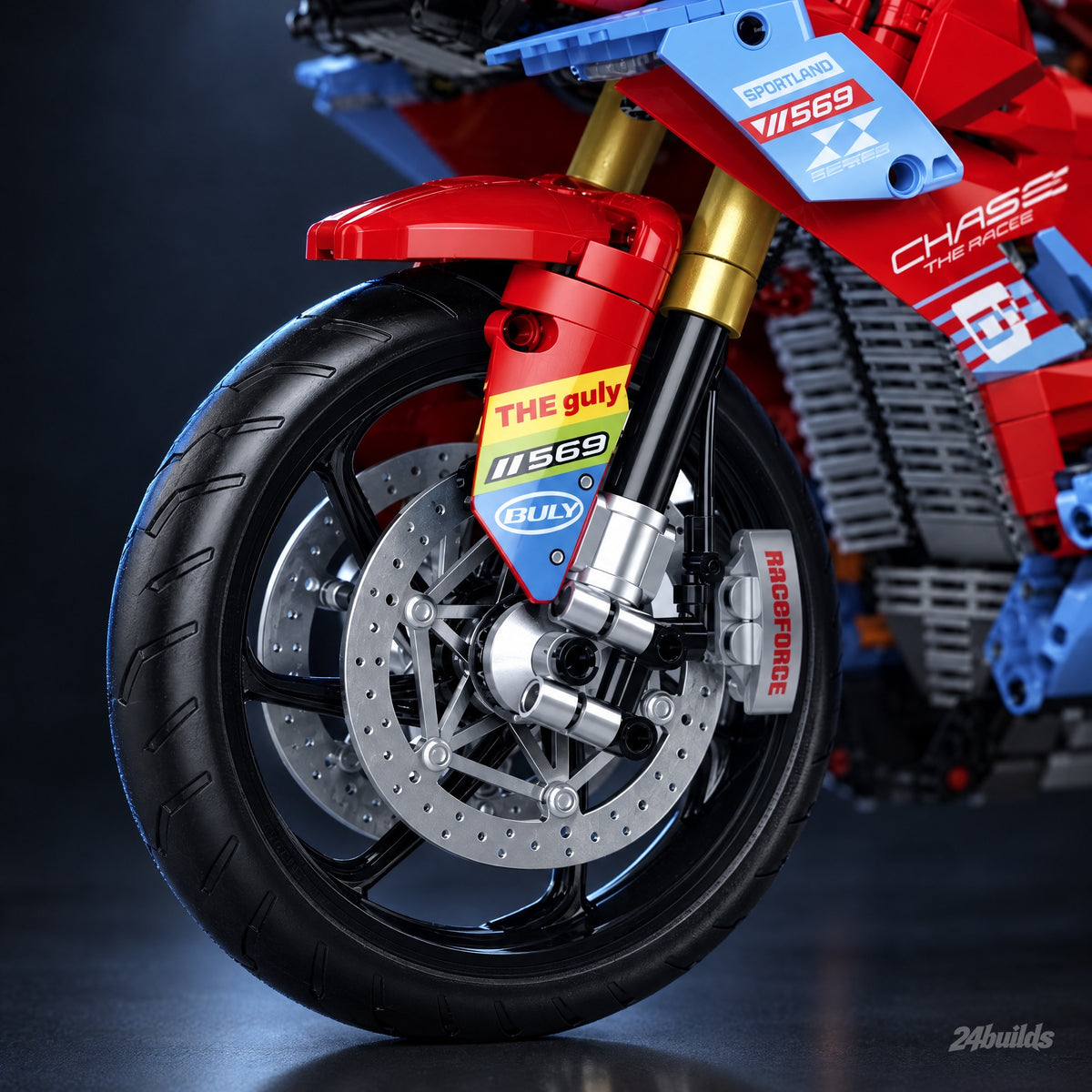 820RR Racing Superbike brick model, gold forks and front disc brake close-up