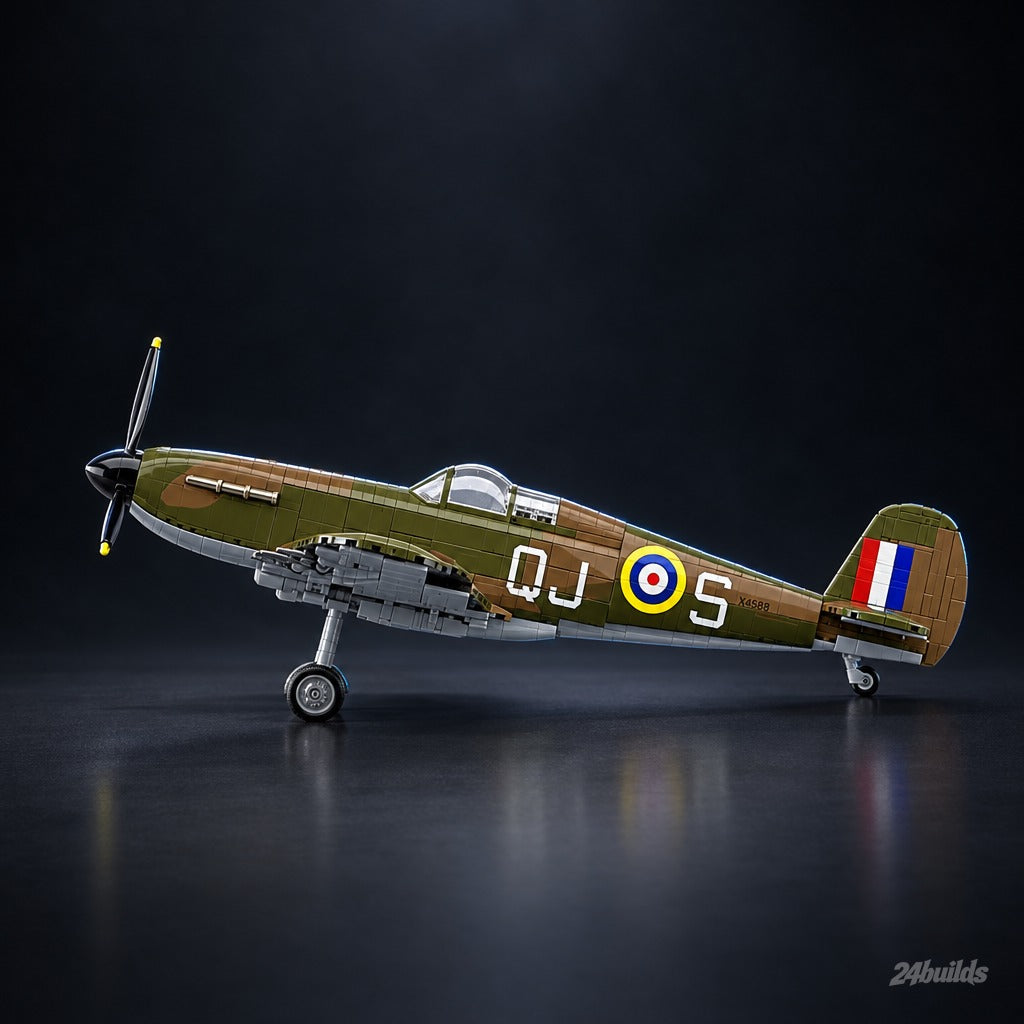 British Spitfire brick model, side view on its landing gear
