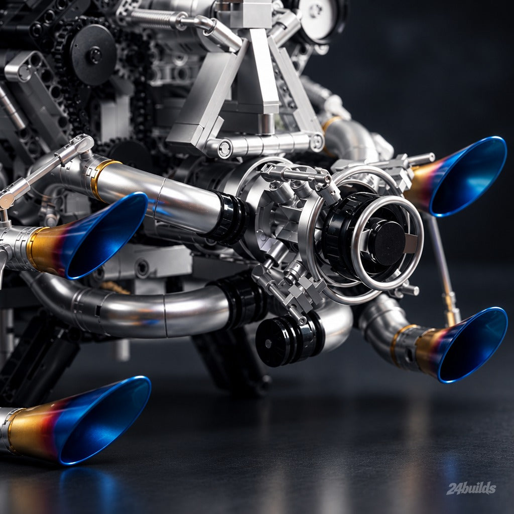 Burnt Blue V8 Performance Engine brick model, burnt titanium exhaust tips