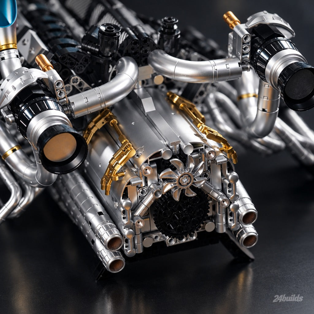 Burnt Blue V8 Performance Engine brick model, timing gear and turbochargers