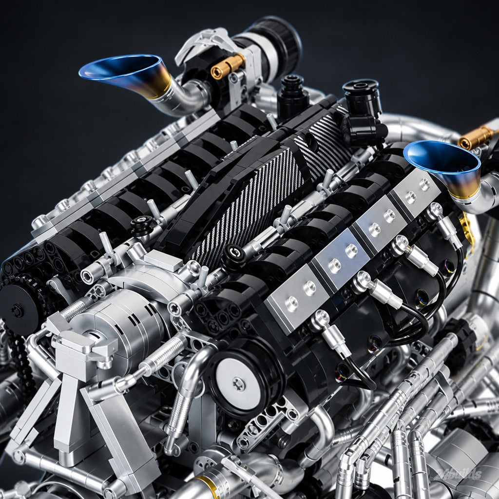 Burnt Blue V8 Performance Engine brick model, carbon-fibre covers on top