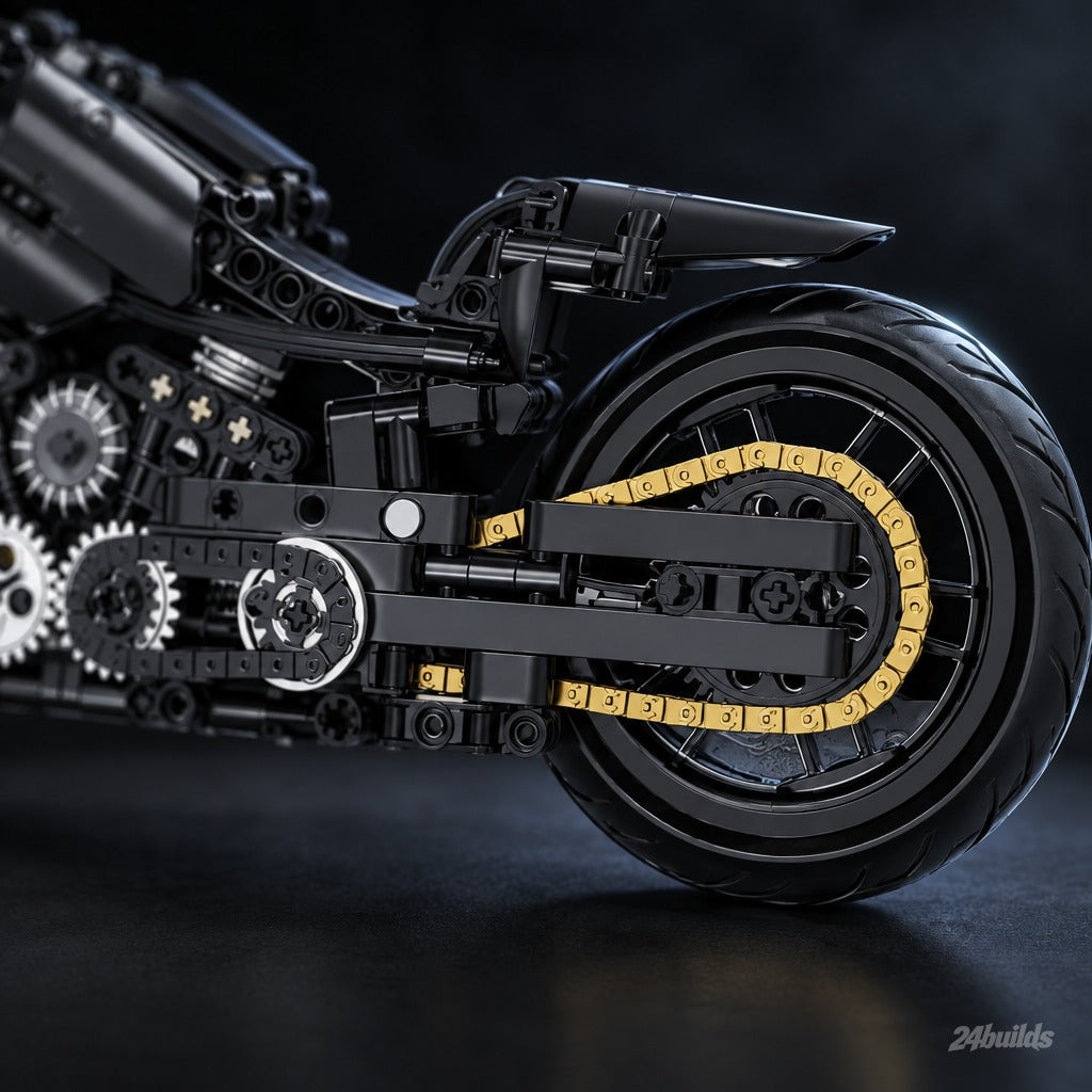 Classic American Bike brick model, gold drive chain close-up