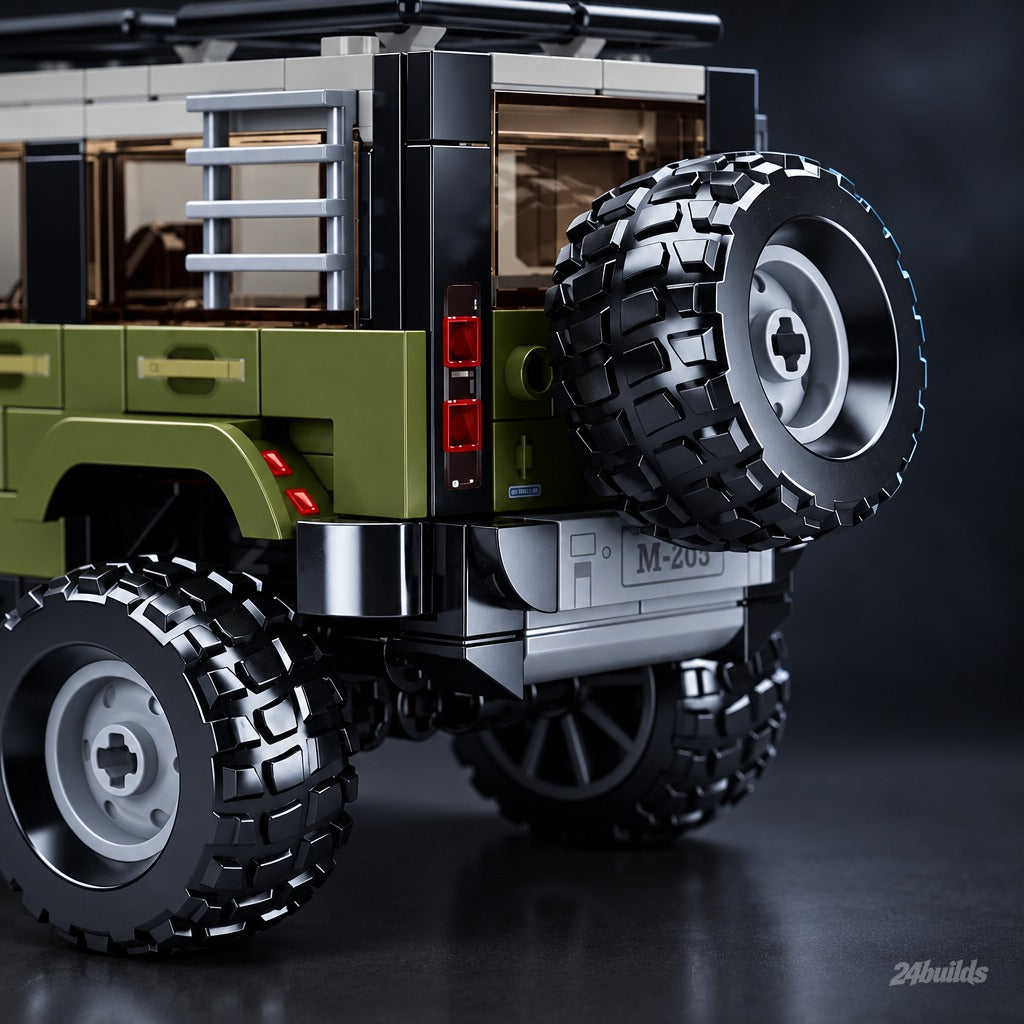 Classic British Off-Roader brick model, spare wheel and roof ladder