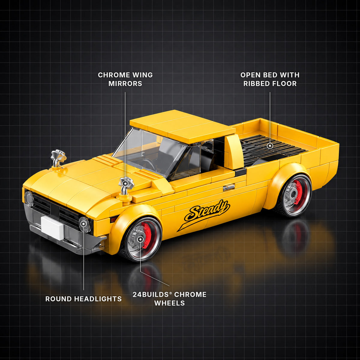 Classic JDM Pickup brick model with its key features labelled