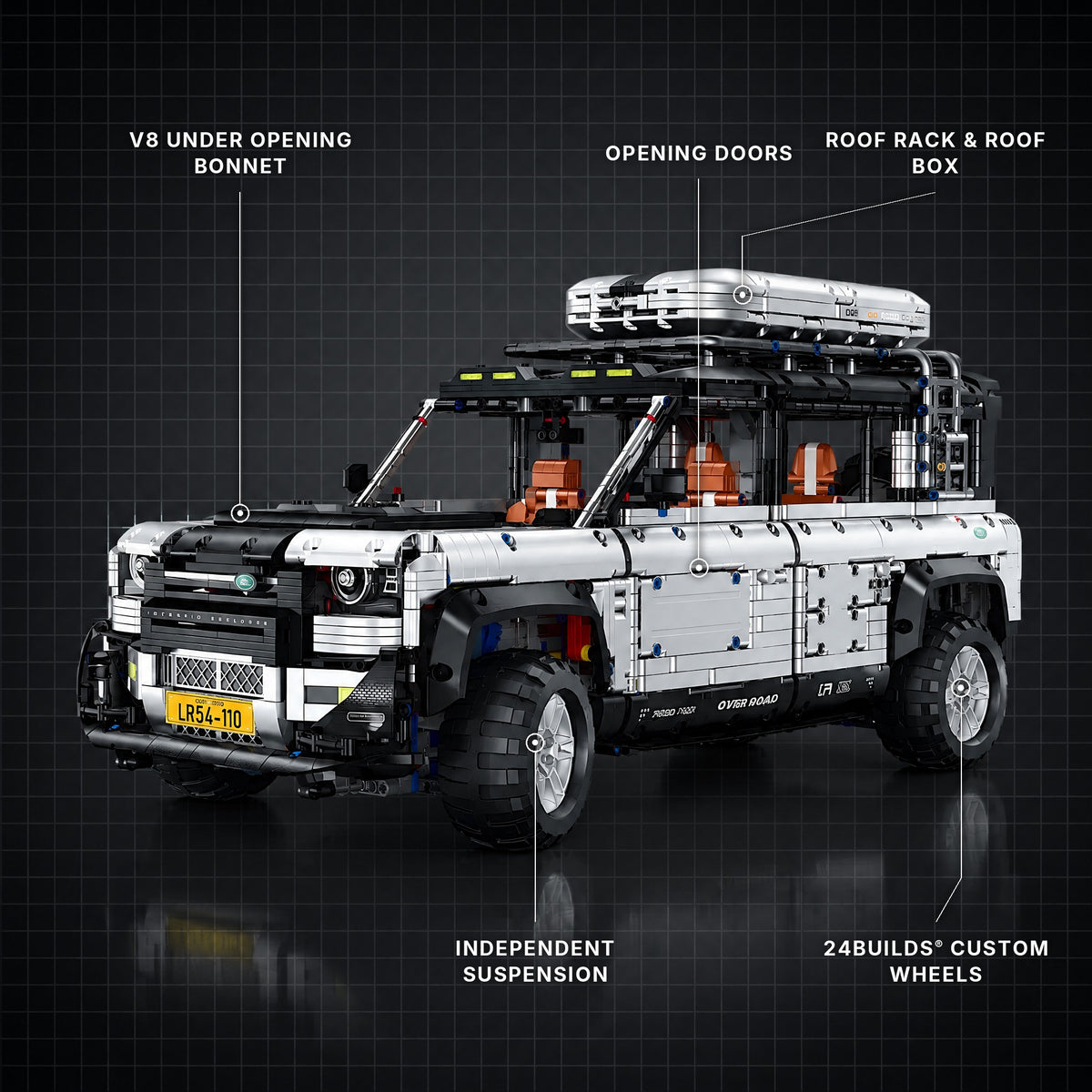 Collector's Edition British V8 Off-Roader brick model with its key features labelled