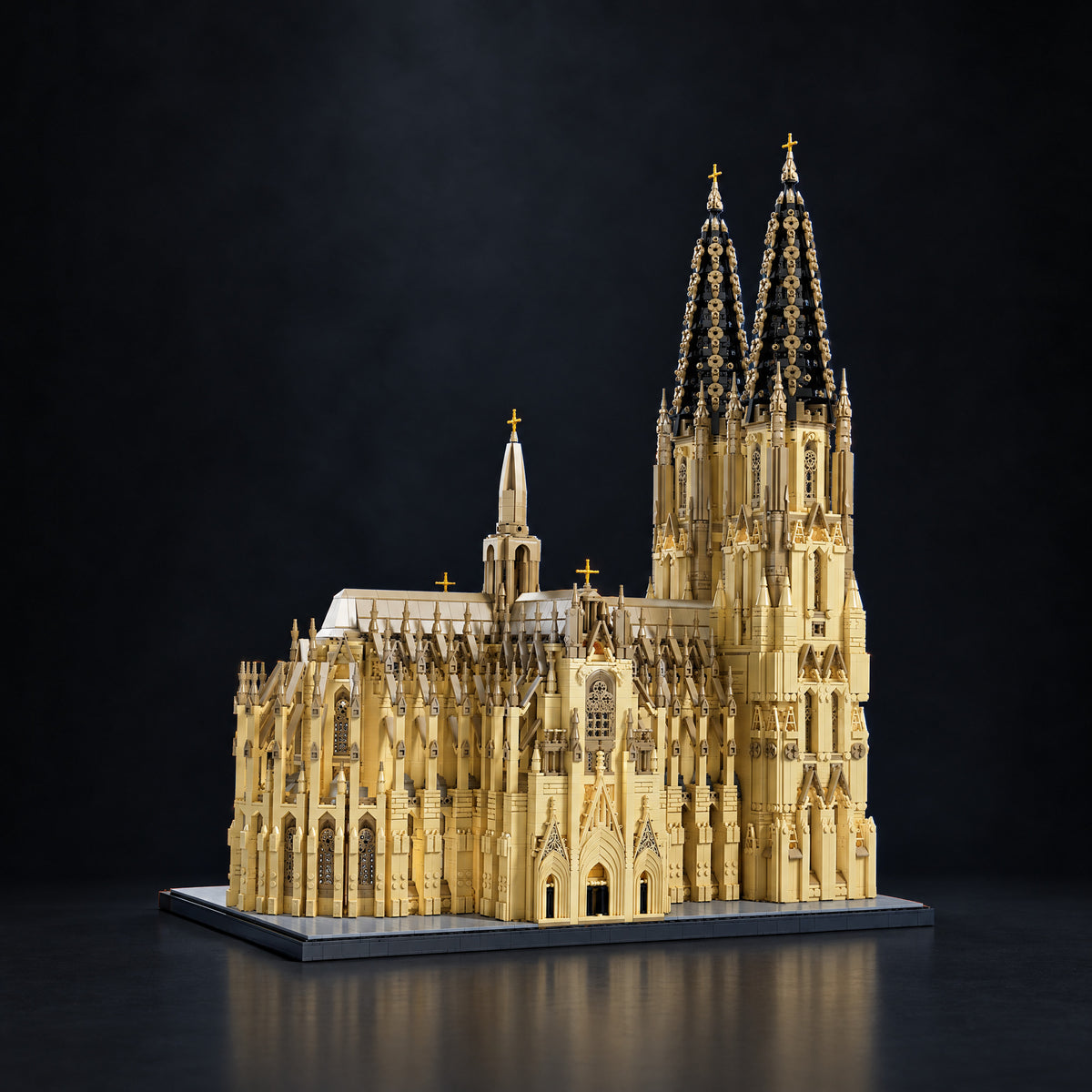 Cologne Cathedral brick model, three-quarter view, dark studio