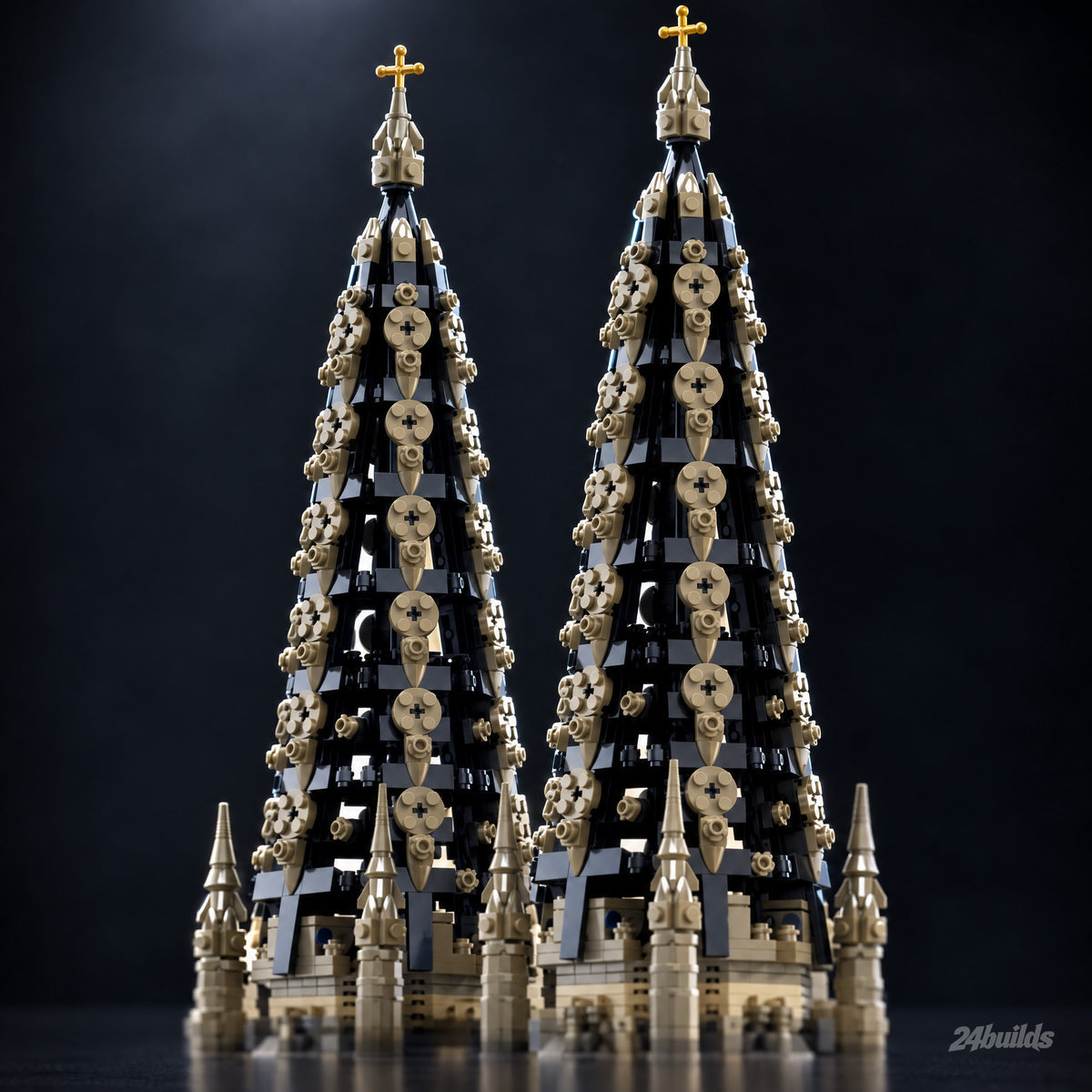 Cologne Cathedral brick model, twin black spires close-up