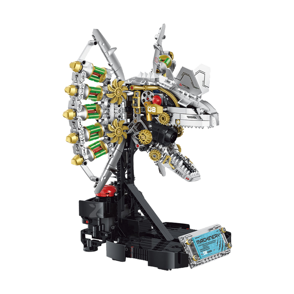 Part dinosaur, part mecha, jaw in motion