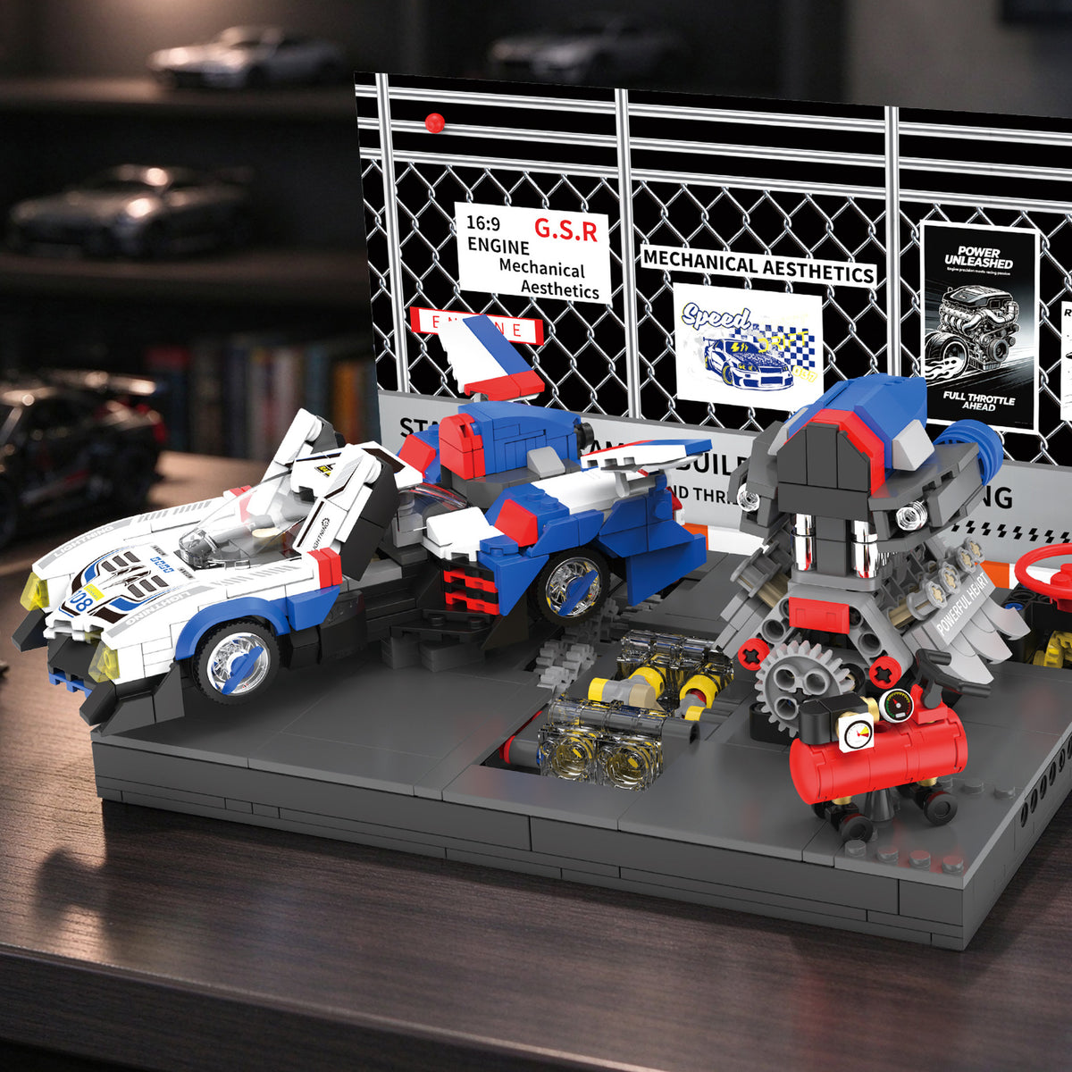 Cyber Racer Tuning Garage brick model on a display platform in a collector's studio