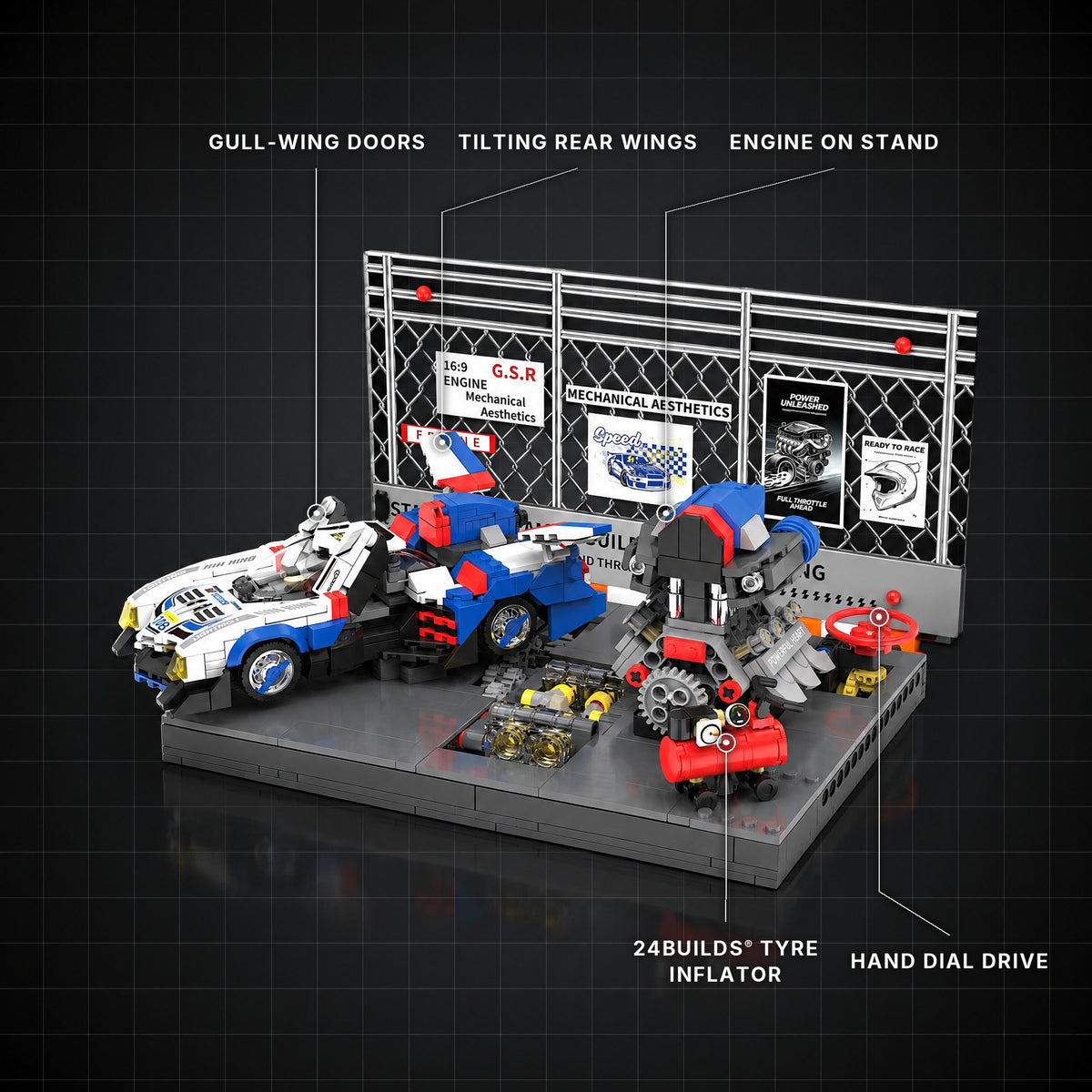 Cyber Racer Tuning Garage brick model with its key features labelled