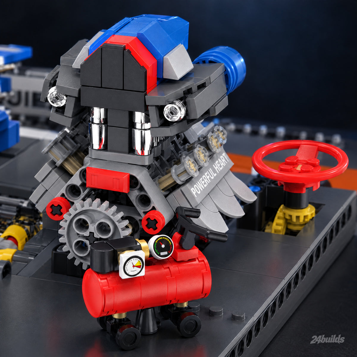 Cyber Racer Tuning Garage brick model, engine on its stand with the red tyre inflator