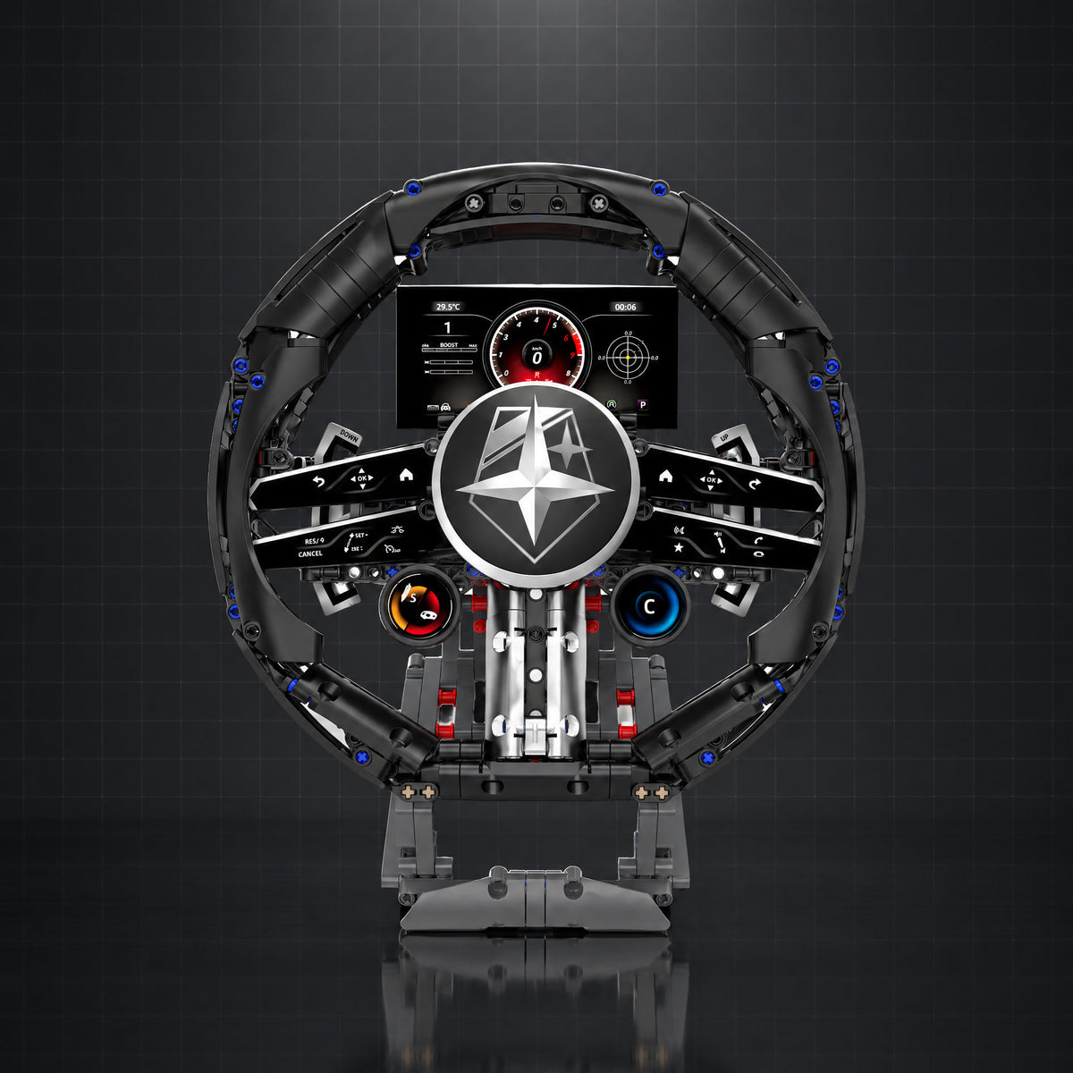 Digital Dash Racing Steering Wheel brick model, front view, dark studio