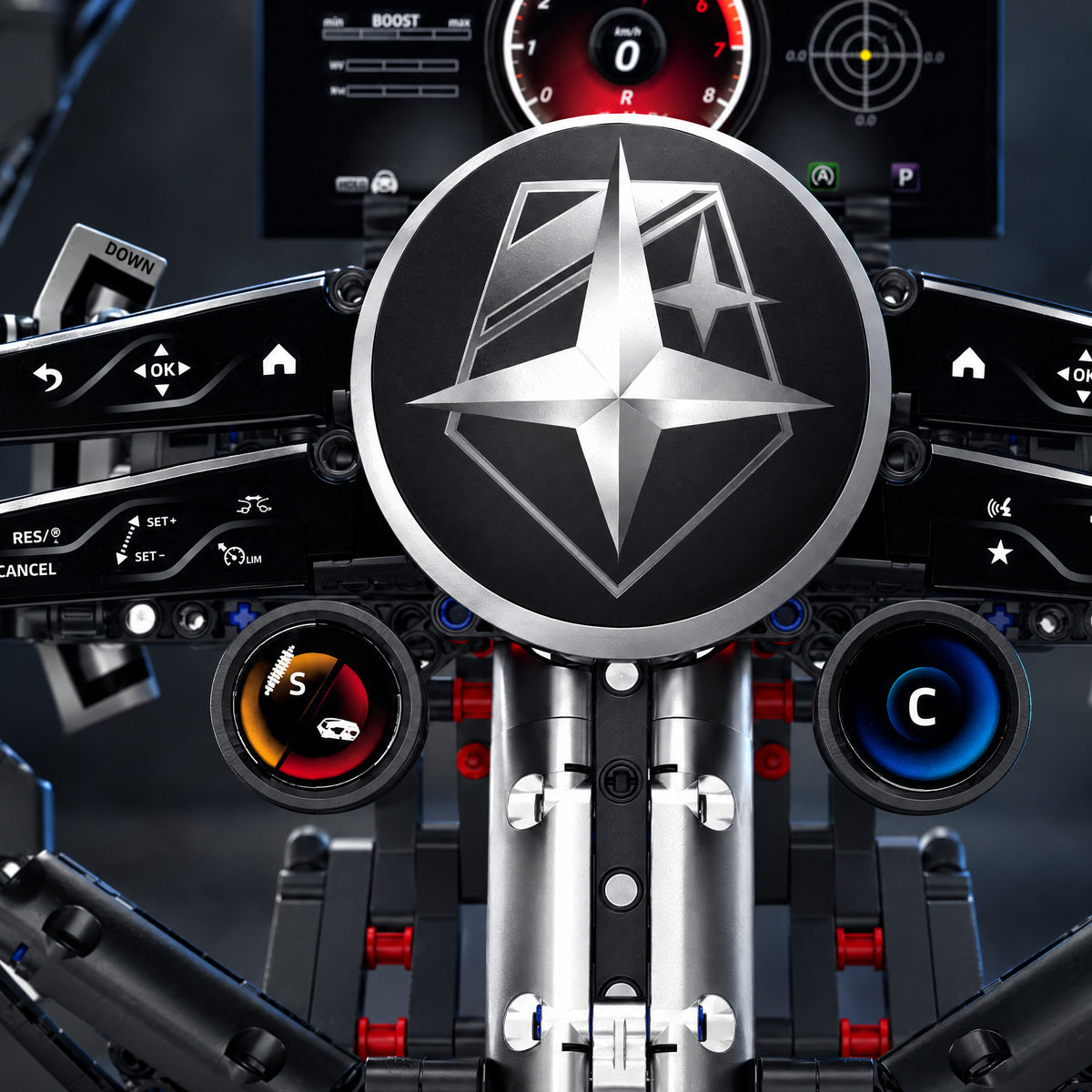 Digital Dash Racing Steering Wheel brick model, red and blue function knobs close-up