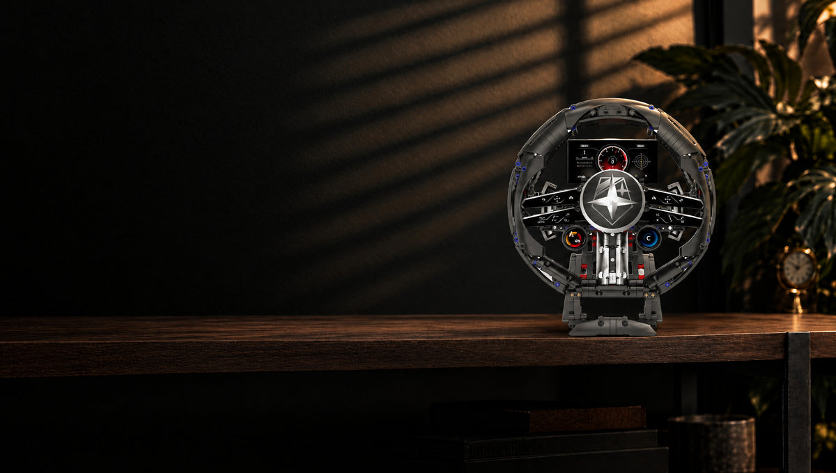 A racing wheel with a printed dash