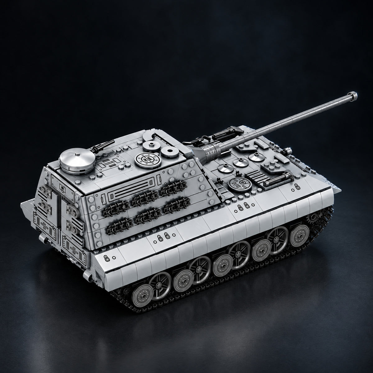 E-100 Super-Heavy Tank brick model, rear three-quarter view, dark studio