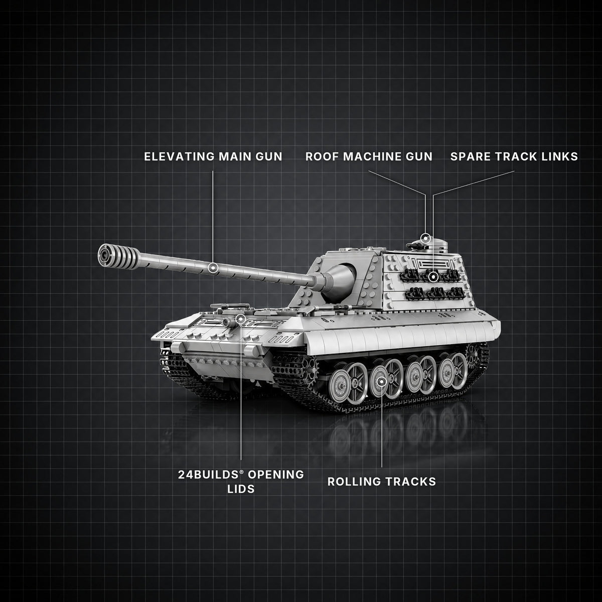 E-100 Super-Heavy Tank brick model with its key features labelled