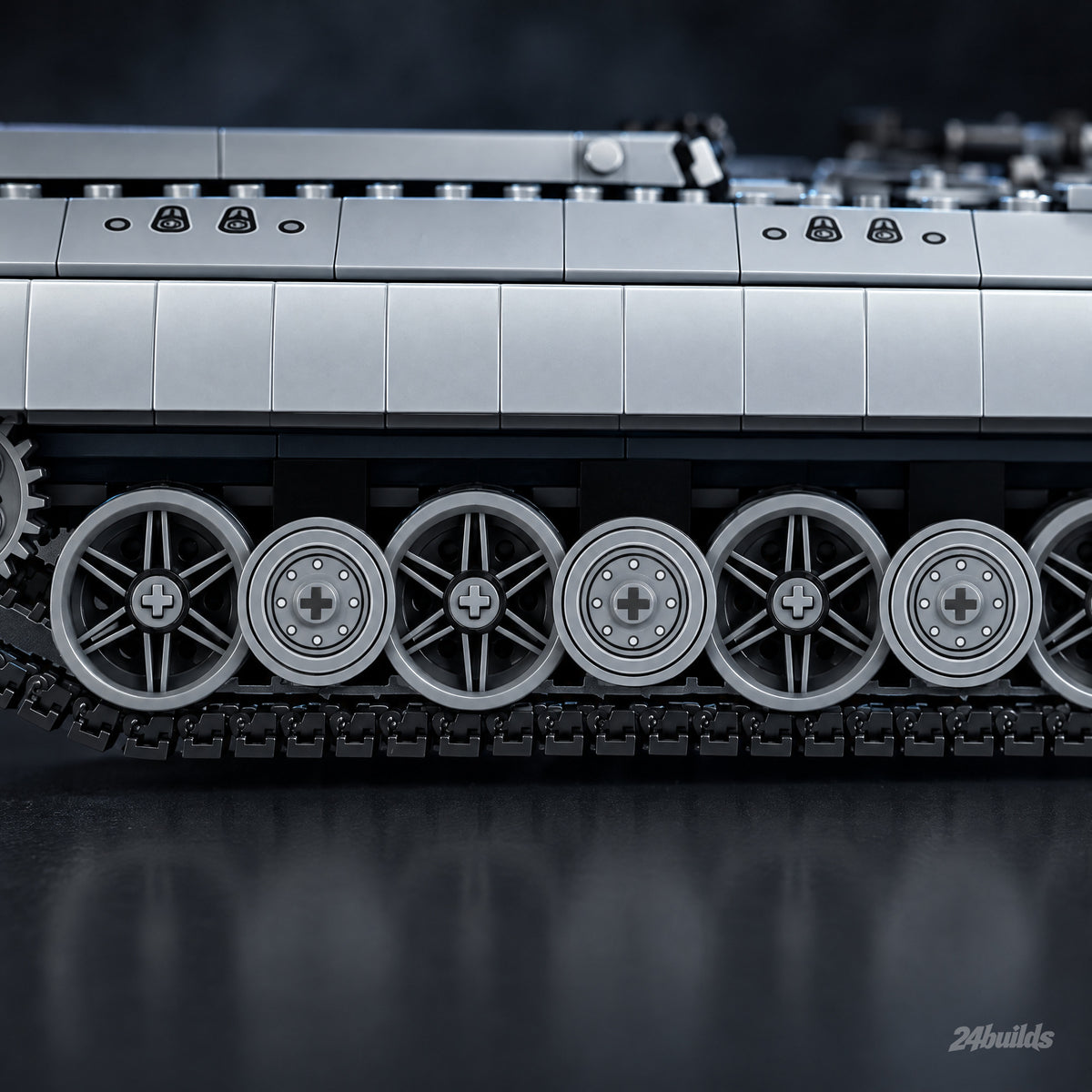E-100 Super-Heavy Tank brick model, road wheels and tracks close-up