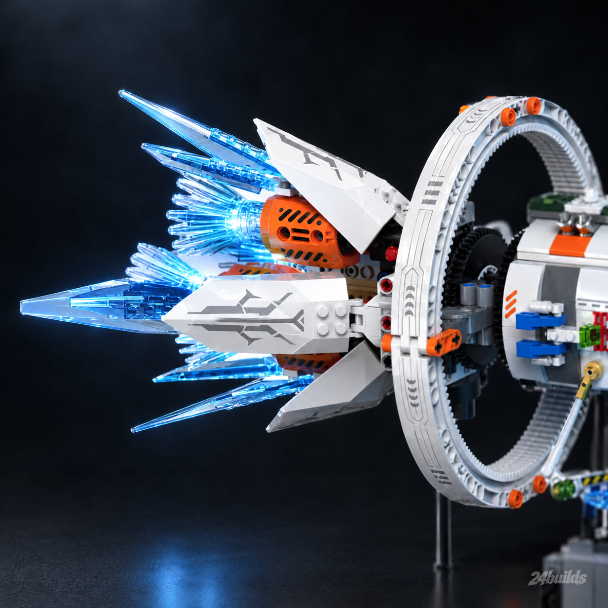 Genesis Star Station: crystal thrusters glowing blue at the stern