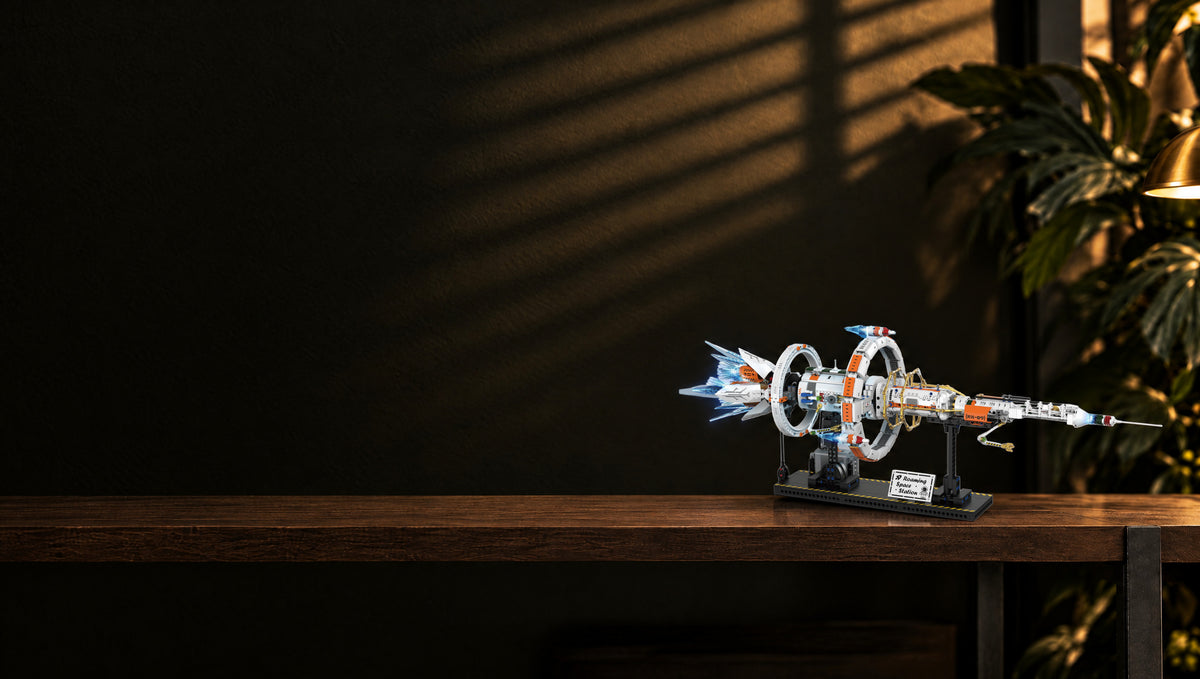 Blue-lit thrusters and a ring that turns