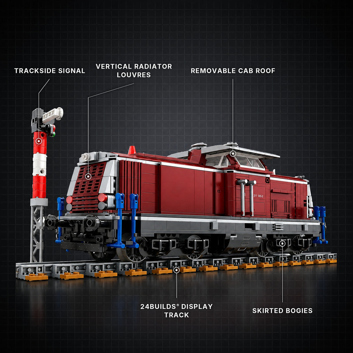 German Class 211 Diesel Locomotive brick model with its key features labelled