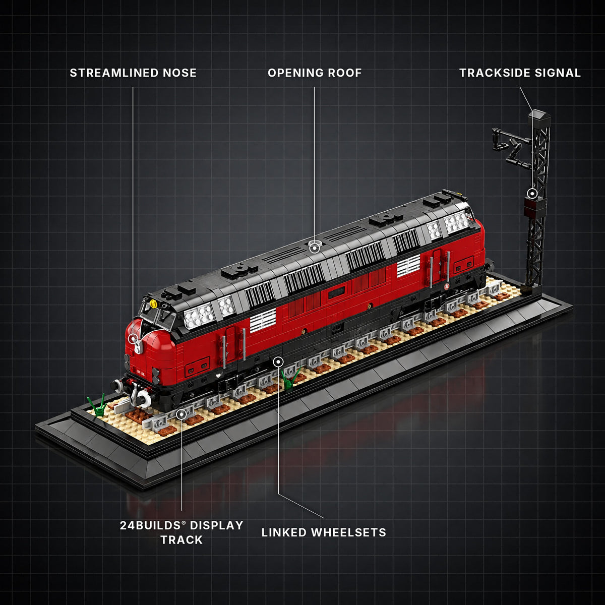German Class 221 Diesel Locomotive brick model with its key features labelled