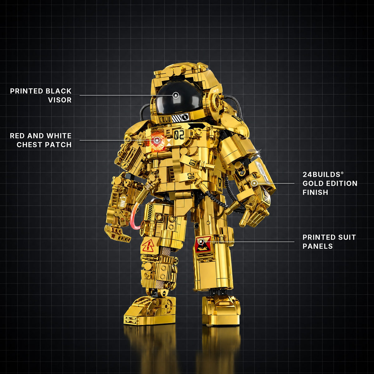 Gold Edition Astronaut brick model with its key features labelled