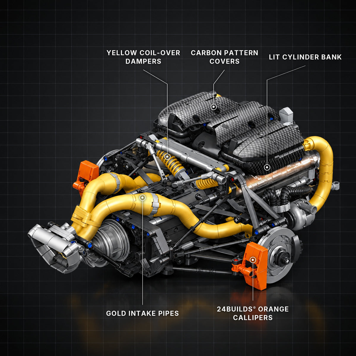 Gold Edition Motorised Swedish V8 Engine brick model with its key features labelled