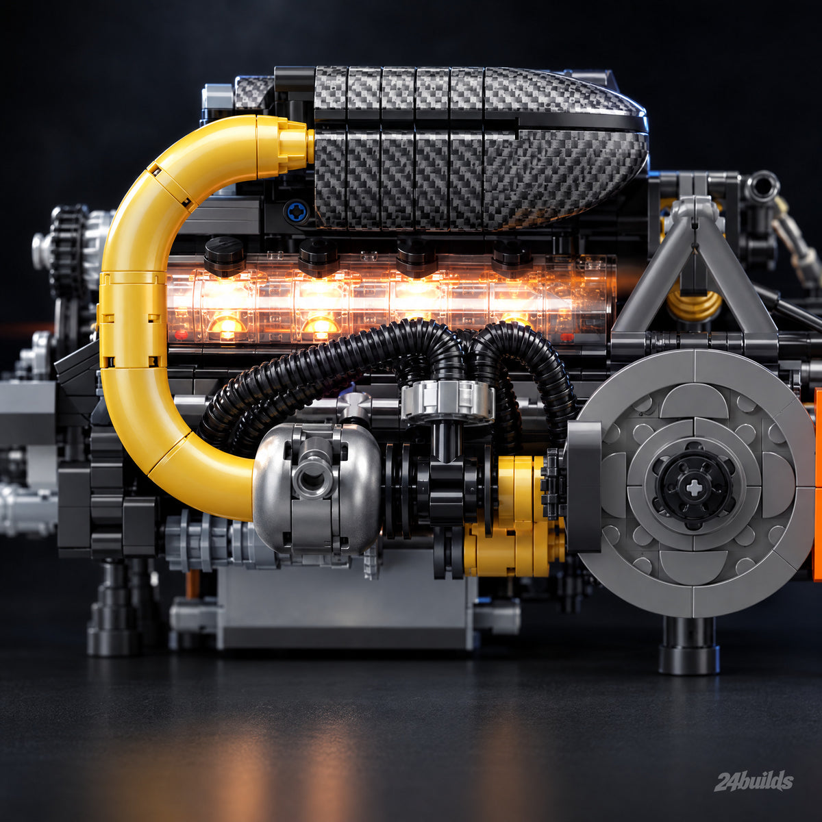Gold Edition Motorised Swedish V8 Engine brick model, lit clear cylinder bank close-up