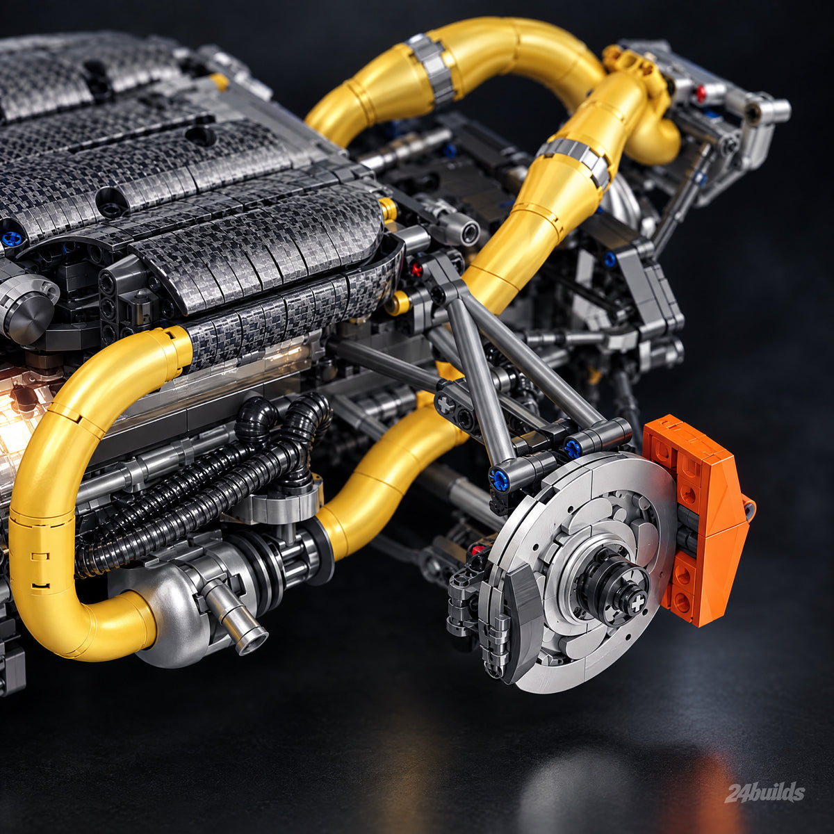Gold Edition Motorised Swedish V8 Engine brick model, brake disc and orange calliper
