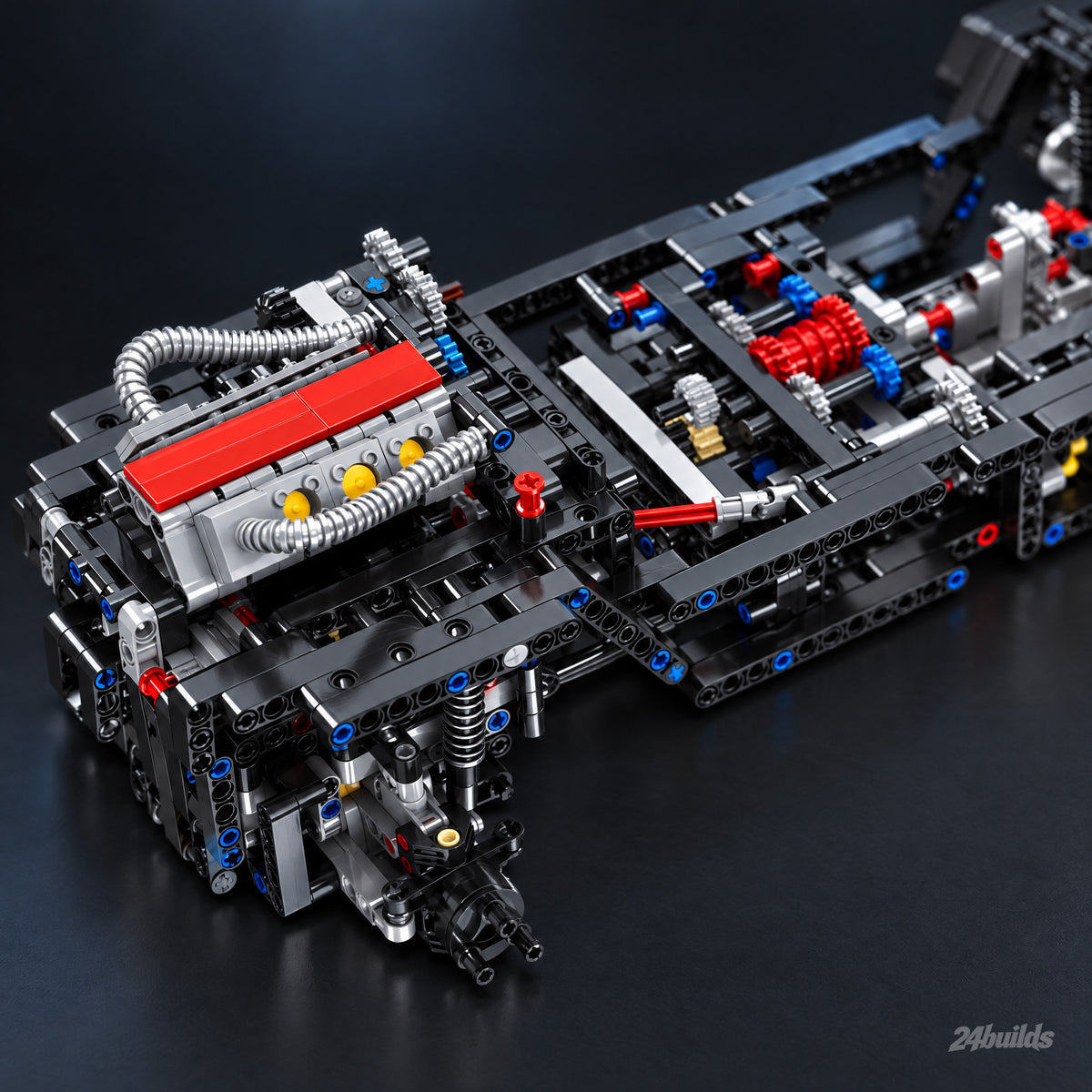 Gunmetal Edition British V8 Pick-Up Off-Roader brick model, V8 with red covers on the chassis