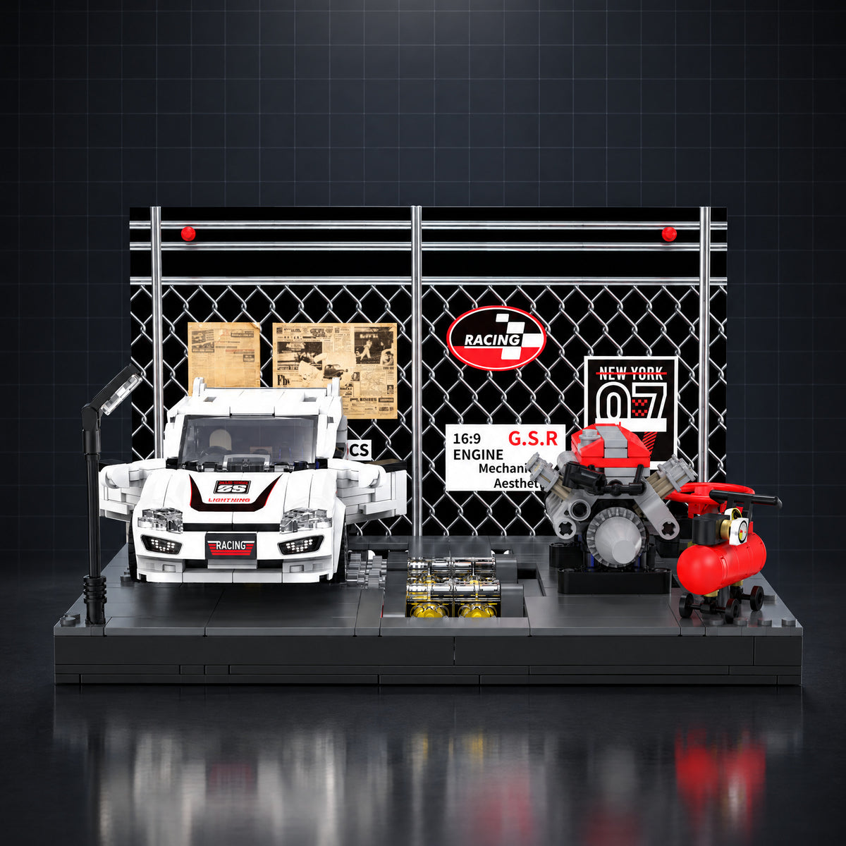 Hot Hatch Tuning Garage brick model, front view, dark studio