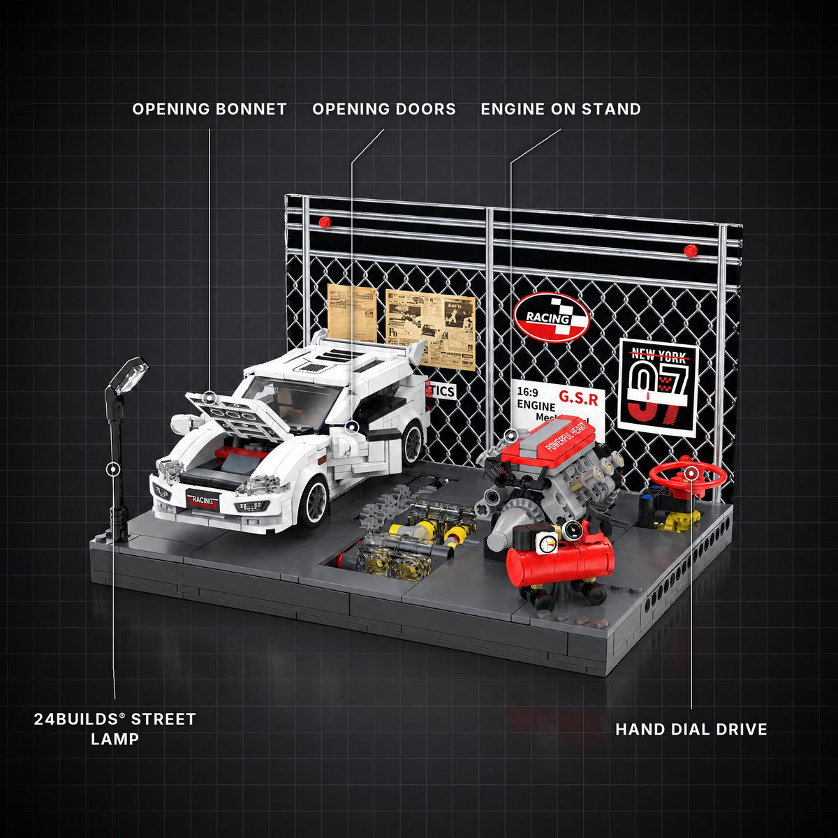 Hot Hatch Tuning Garage brick model with its key features labelled