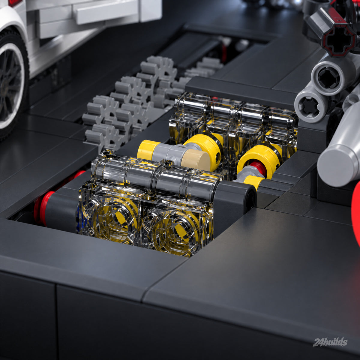 Hot Hatch Tuning Garage brick model, gear train in clear housings under the garage floor