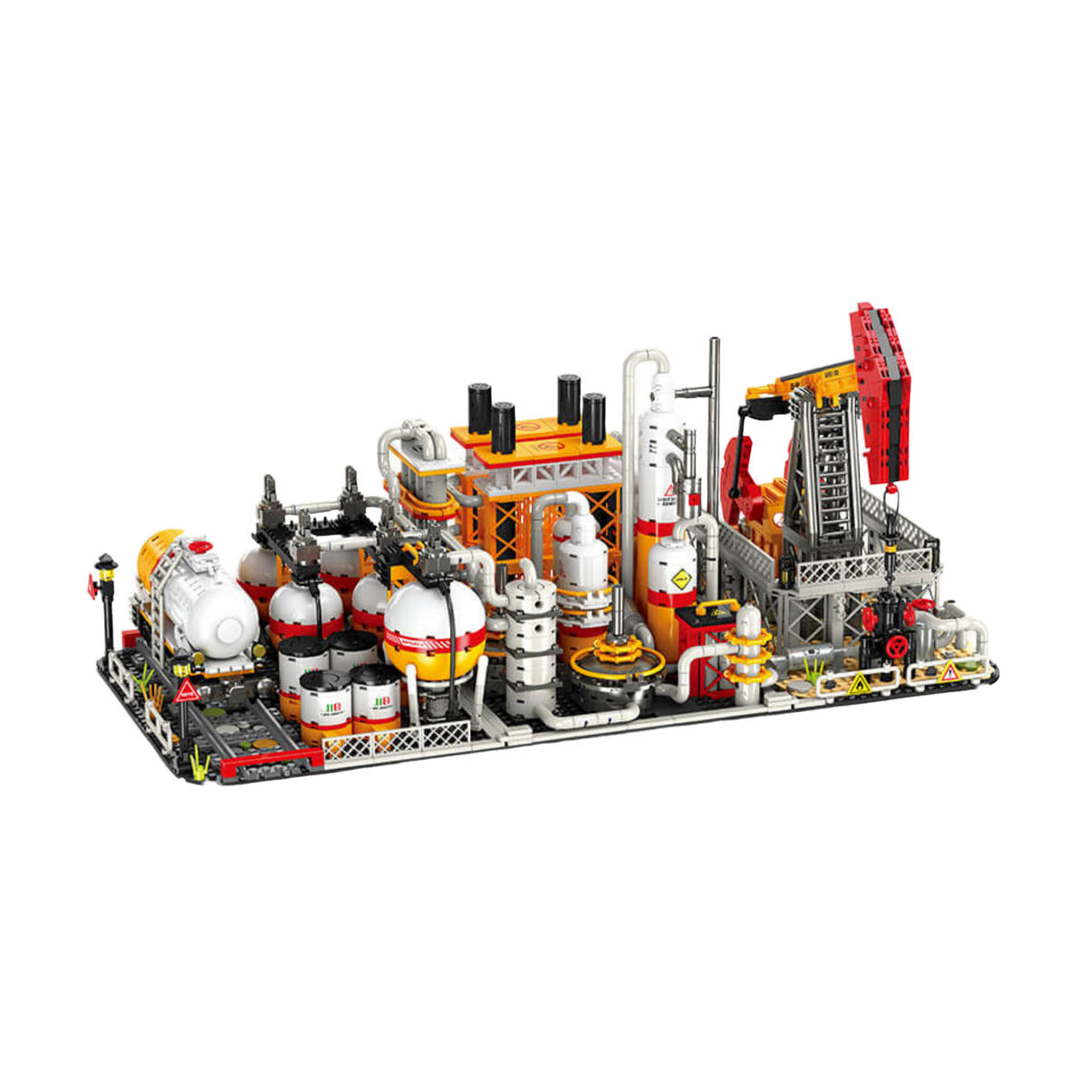 An oil pump, refinery towers and storage tanks