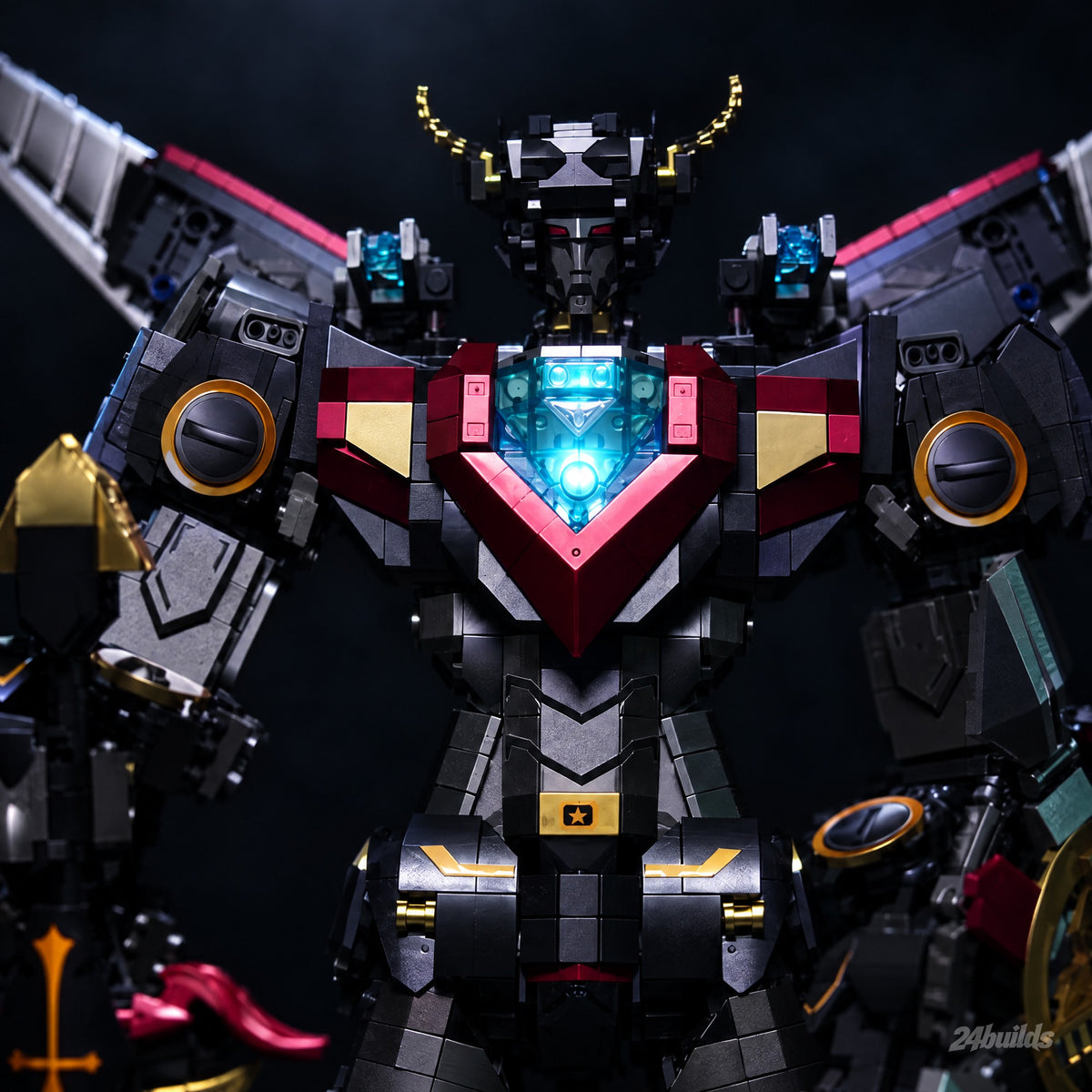 Ironclad Rex Lion Mech brick model, LED chest core glowing in the dark