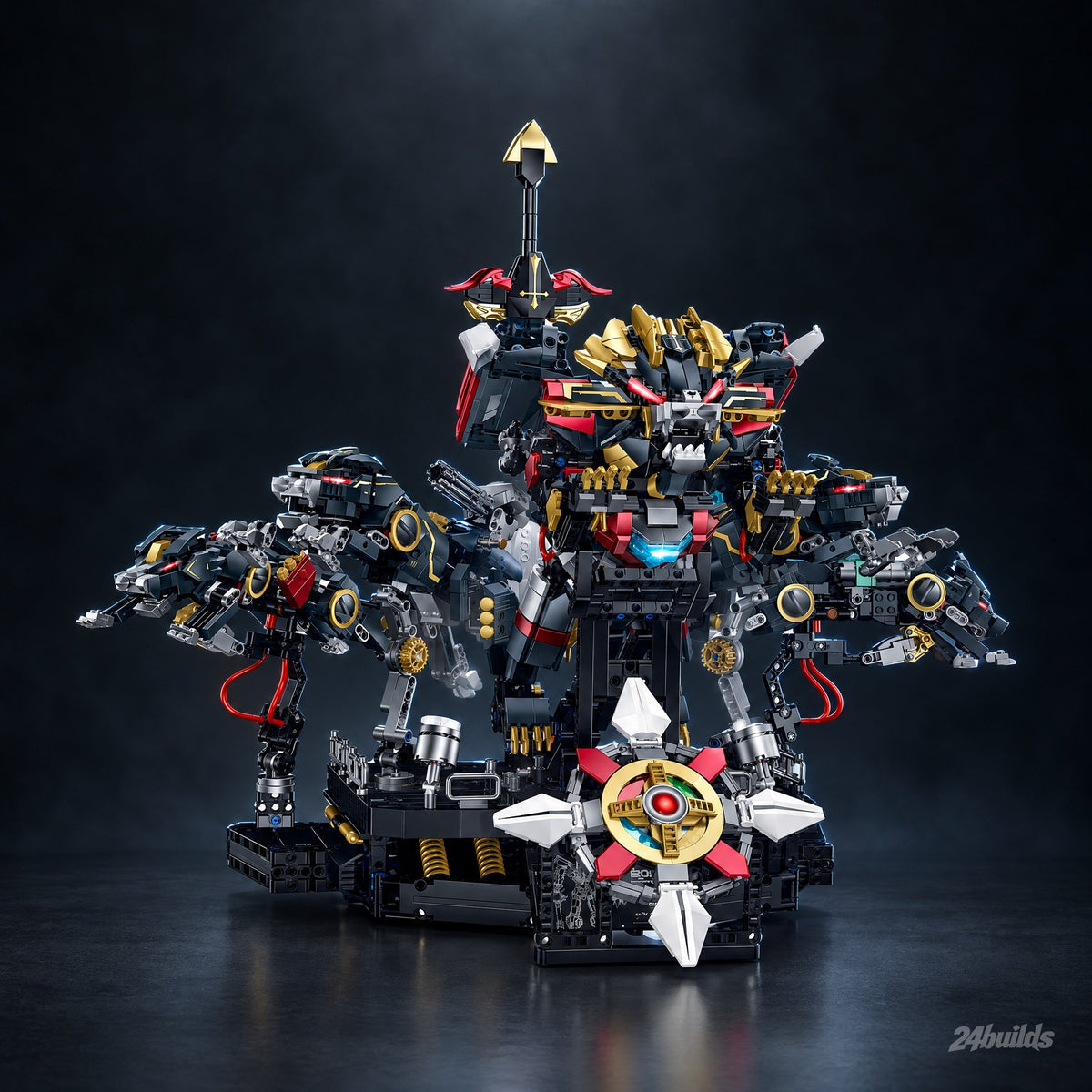 Ironclad Rex Lion Mech brick model, five-lion combination form on its platform