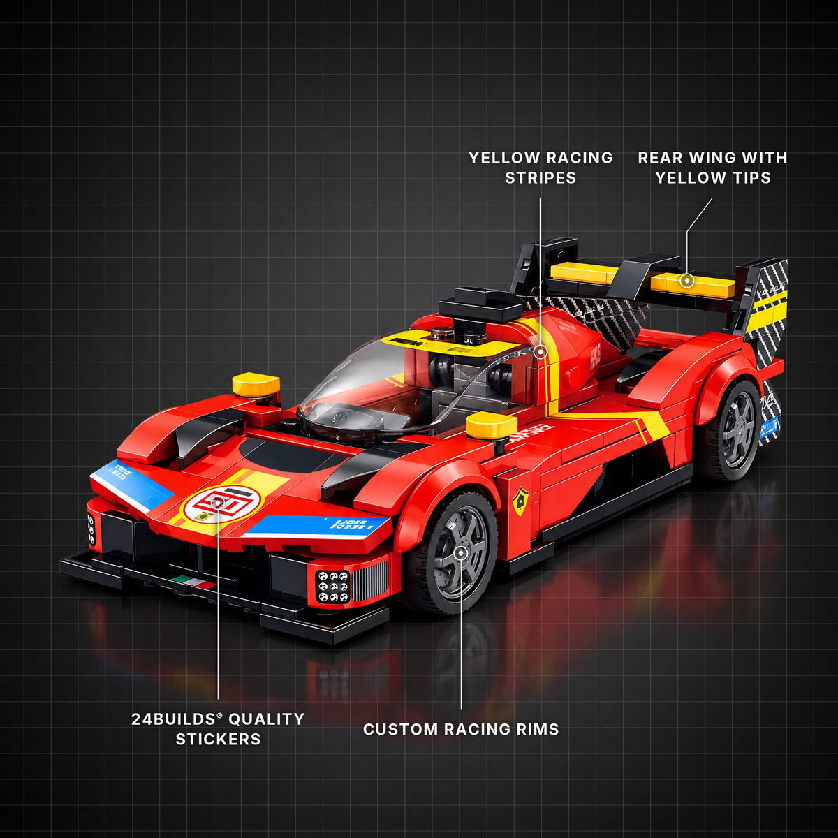 Italian Endurance Champion brick model with its key features labelled