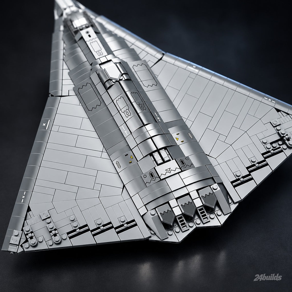 J-36 Fighter Aircraft brick model, three engine nozzles close-up