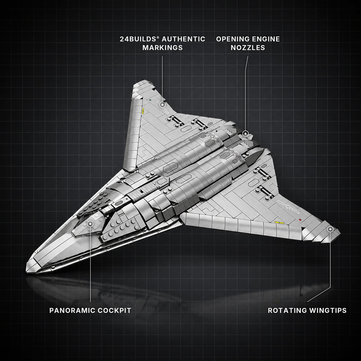J-50 Fighter Aircraft brick model with its key features labelled