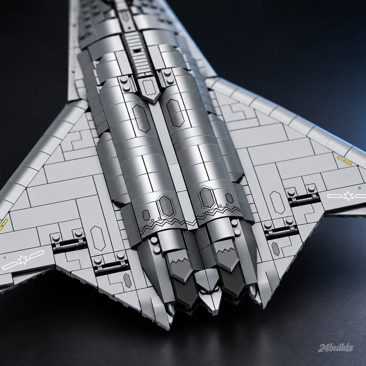 J-50 Fighter Aircraft brick model, twin engine nozzles close-up