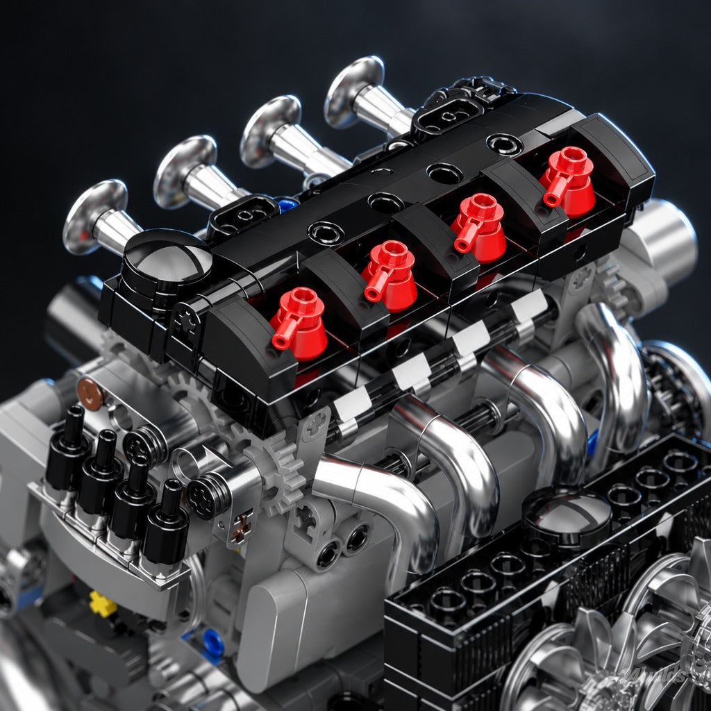JDM Variable Valve Engine brick model, red ignition coils on cam cover
