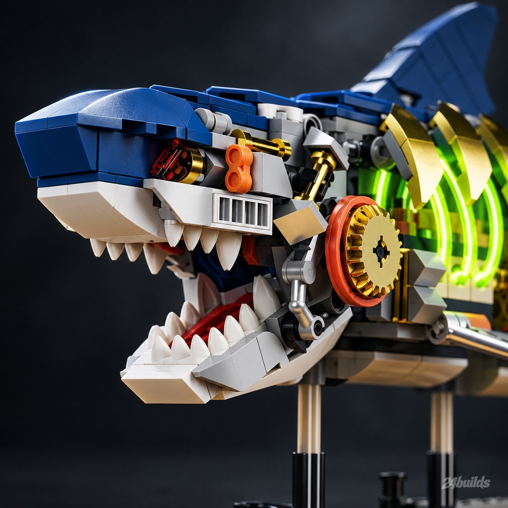 Mechanical Shark brick model, open jaws with white teeth